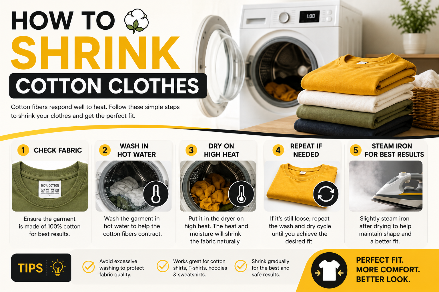 How to Shrink Cotton Clothes: Step-by-Step Guide Step-by-step infographic showing how to shrink cotton clothes using hot water, high-heat drying, and steam ironing for the perfect fit.
